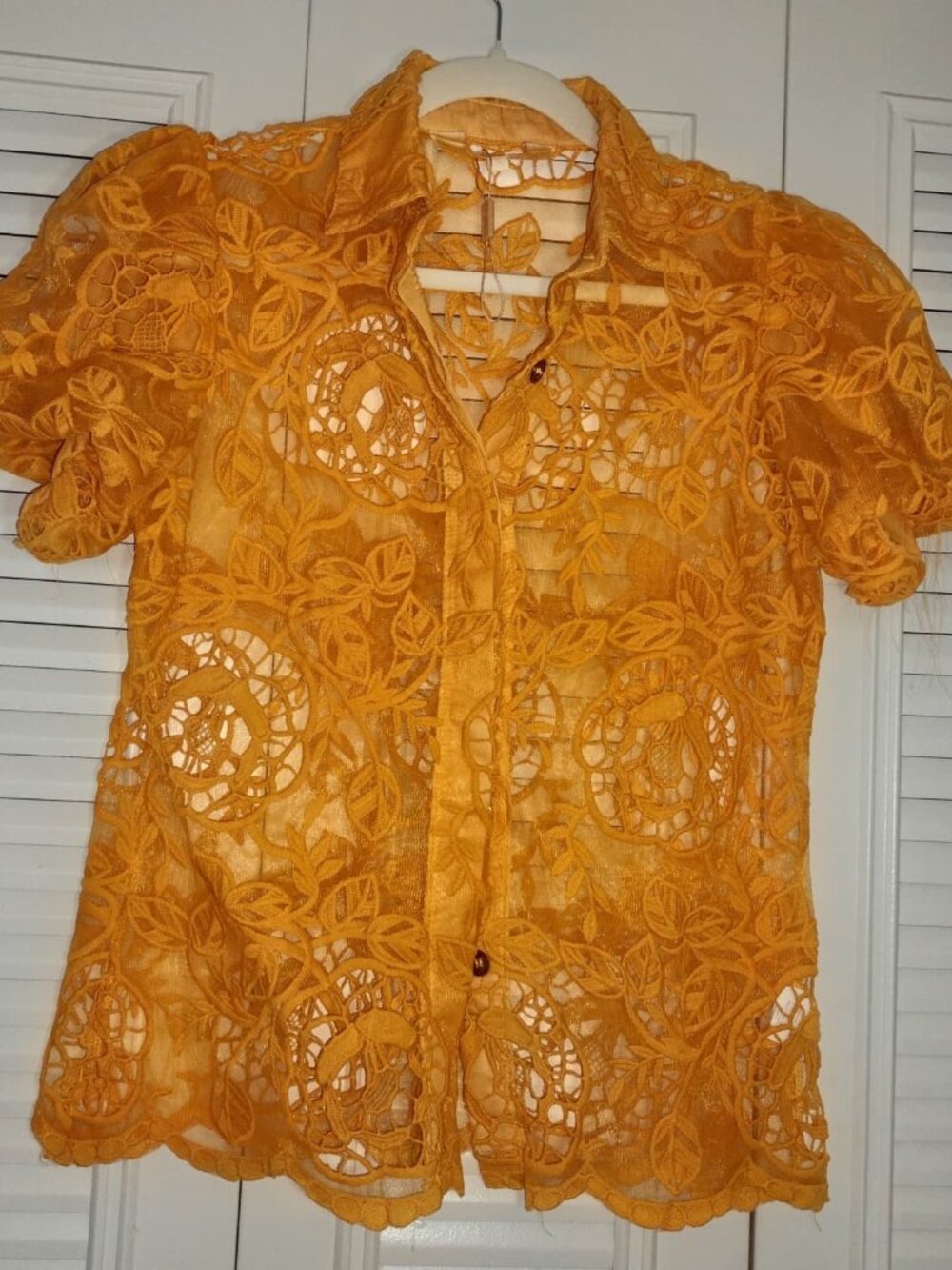 Mustard Yellow Floral Lace Embroidered Puff Short Sleeve Button Blouse Top
